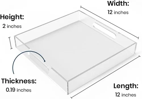 Vista 4 de Bandeja de acrílico para servir (12 x 12 x 2 pulgadas) con asas, a prueba de derrames, bandeja decorativa transparente para aperitivos, desayuno