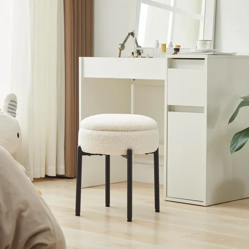 Vista 2 de Taburete de tocador con almacenamiento, taburete de maquillaje multifuncional y mesa auxiliar de terciopelo de peluche, sillas de almacenamiento