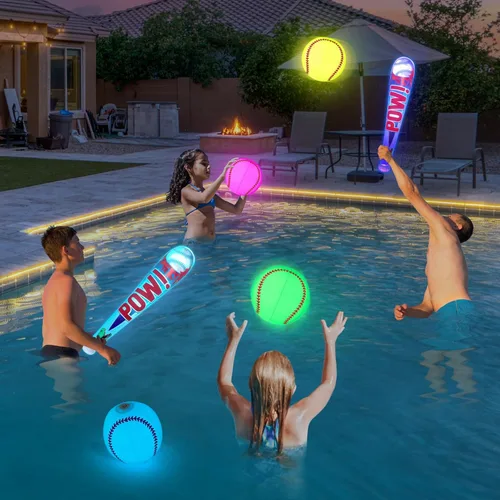Vista 2 de Geefuun Juguetes de piscina, juegos de playa para niños, béisbol inflable con luz LED que brilla en la oscuridad, fiesta de murciélagos al aire