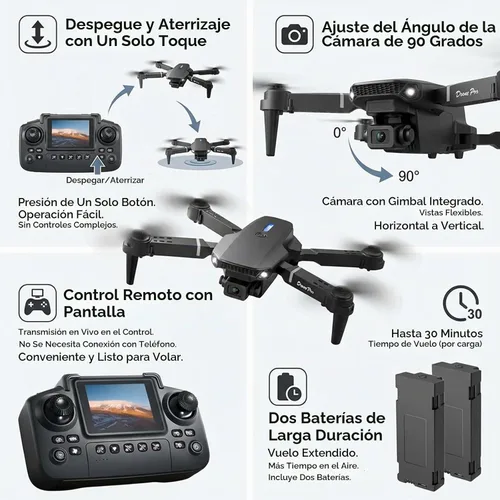 Vista 6 de Dron elicci E88 con controlador de pantalla con tarjeta SD, mini dron plegable para principiantes, 2 baterías, vuelos con volteretas de 360°