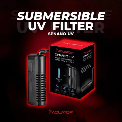 Vista 2 de Aquatop Filtro nano sumergible de 5 W, para 10-30 galones, caudal de 66 GPH, para agua cristalina, ideal para uso en agua dulce y salada, SPNANO-UV