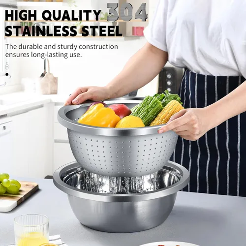 Vista 4 de Colador de acero inoxidable 304 de 3 cuartos con tazones para mezclar, colador para alimentos de cocina para lavar verduras, frutas, arroz, apto