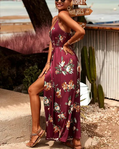 Vista 3 de II ININ - Vestido casual para mujer veraniego con cuello en V profundo estampado floral o color liso vestido largo con abertura para fiesta