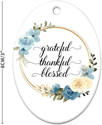 Vista 2 de Adornos de Navidad con cita de corona de flores, adorno ovalado de porcelana de Grateful Thankful Blesed, decoración de árbol de Navidad, regalos