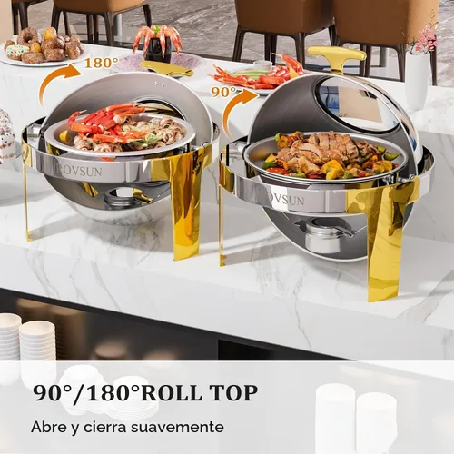 Vista 3 de ROVSUN Platos de Roce con Parte Superior Enrollable para Buffet 6QT, Juego de Platos de Roce Redondos de Acero Inoxidable para Buffet, Juego