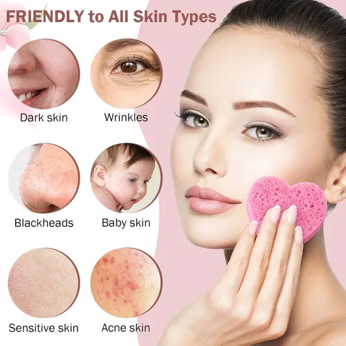 Vista 3 de Dandat 300 esponjas faciales comprimidas en forma de corazón, esponjas faciales para limpieza, almohadillas exfoliantes faciales naturales para Rosa