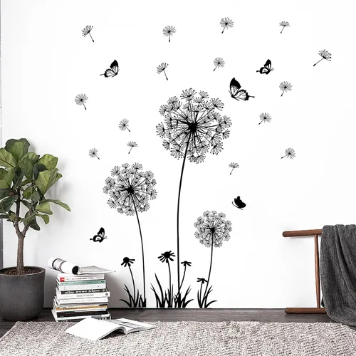 Vista 5 de 2 hojas de calcomanías de pared de flores silvestres de diente de león, calcomanías de arte para pared, despegar y pegar, mariposas florales
