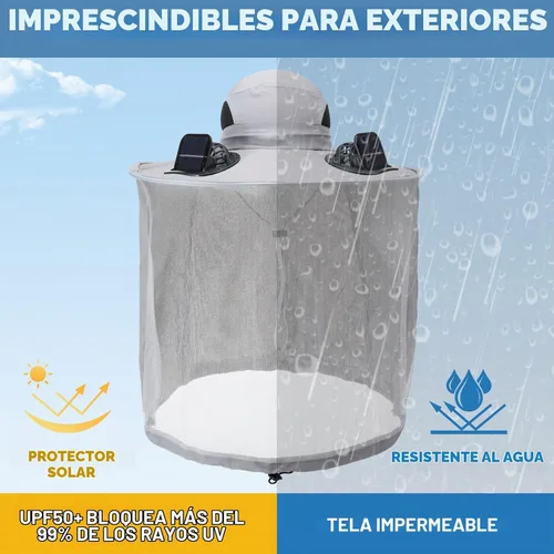 Vista 5 de Sombrero de red con 2 ventiladores solares de ala ancha con solapa para el cuello transpirable UPF 50+ para camping, senderismo, pesca