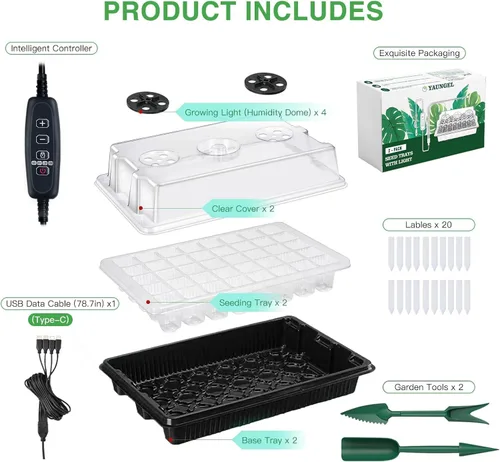 Vista 7 de YAUNGEL Bandeja Iniciadora de Semillas con Luz de Crecimiento, Kit Iniciador de Semillas con Controlador de Temporizador de Brillo Ajustable