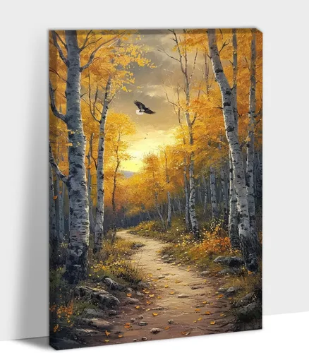 Vista 24 de UZMKM Lienzo decorativo de abedul para pared, pintura de bosque otoñal, imagen panorámica de paisaje, vista de la naturaleza amarilla, obra de arte