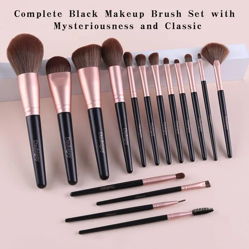Vista 5 de Juego de 16 brochas de maquillaje sintéticas de alta calidad con brochas de base profesionales, correctores de polvo, sombras de ojos, rubor Negro