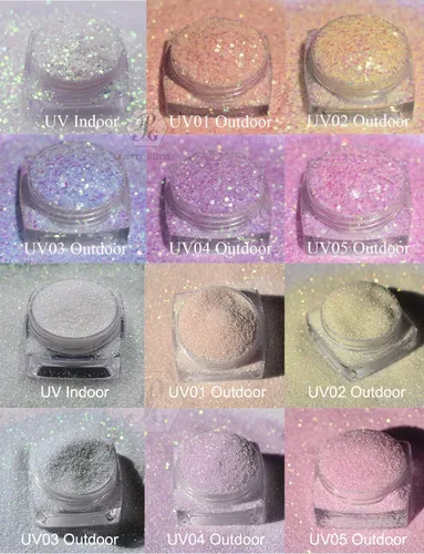 Vista 9 de PrettyG Juego de 10 cajas de purpurina en polvo que cambia de color UV – Festival Rave Maquillaje de Belleza Cara Cuerpo Arte Decoración UV-10C