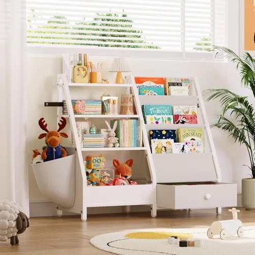 Vista 2 de Estantería infantil y organizador de almacenamiento de juguetes, estantería Montessori de 3 niveles para bebés y niños pequeños con bolsillos