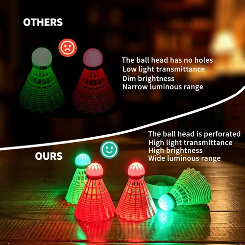 Vista 3 de Glow in The Dark Badminton Birdies,LED Badminton Shuttlecocks for Family Backyards Practice,4/5/6 PCS Nylon/Goose Feather Long Lasting Light Up