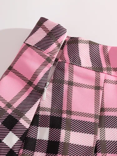 Vista 3 de SheIn Minifalda plisada de cintura alta para mujer, con cadena a cuadros, uniforme escolar