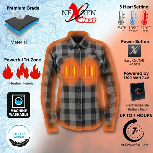 Vista 2 de Nexgen Heat NXL2601SET 'Bonnie' - Camisa de manga de franela calefactada negra y gris para actividades al aire libre con batería
