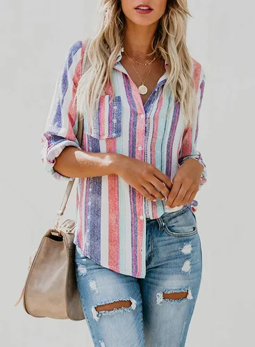 Vista 2 de Astylish - Camisa a rayas para mujer con cuello en V mangas enrollables y botones