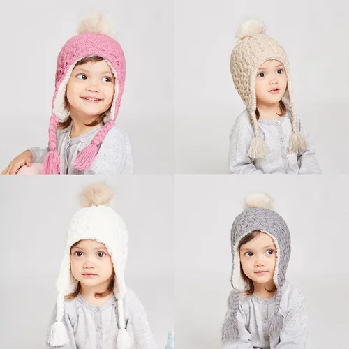 Vista 3 de Gorro de punto con solapa para las orejas para bebé, de piel sintética, con pompón, para invierno, cálido, forro polar