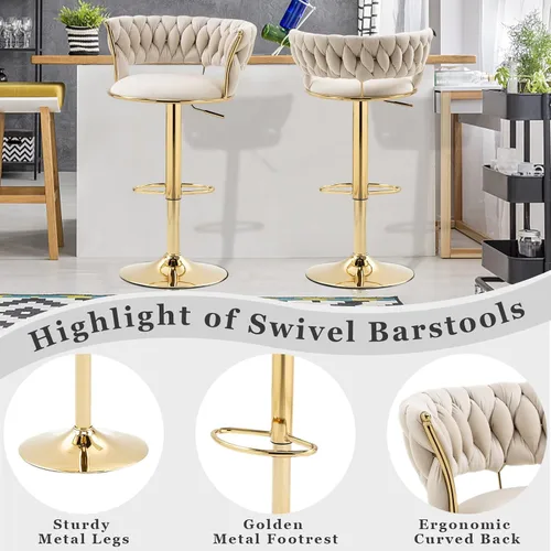 Vista 4 de RXR - Juego de 2 taburetes de bar de terciopelo, taburetes de bar de altura de mostrador con altura ajustable y taburete giratorio de 360°, silla