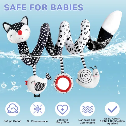 Vista 3 de XIXILAND Juguetes de peluche en espiral para bebé, juguetes de asiento de coche en blanco y negro, juguete de alto contraste para bebés recién