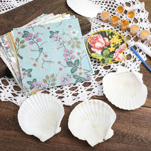 Vista 3 de Halloscume Juego de 12 Conchas de Vieira para Manualidades de 4''-5'' Conchas Grandes Naturales Blancas con 24 Piezas de Servilletas de Papel
