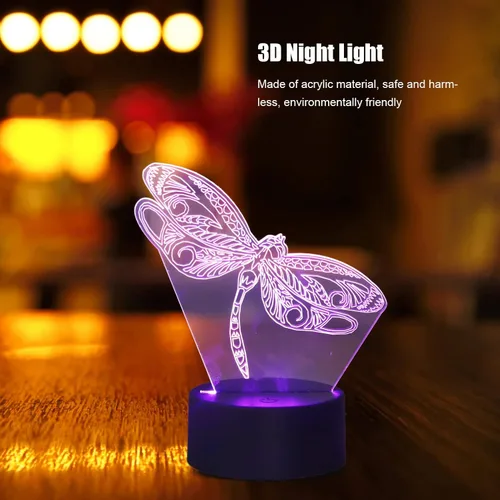 Vista 2 de Luz nocturna 3D con ilusión 3D, 7 cambios de color, acrílico transparente, libélula 3D, luz nocturna LED para dormitorio, regalo de cumpleaños