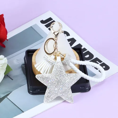 Vista 3 de Llavero para mujer con diamantes de imitación con purpurina, bonitos llaveros de estrella para niñas, bolso de cuero, llaveros de coche