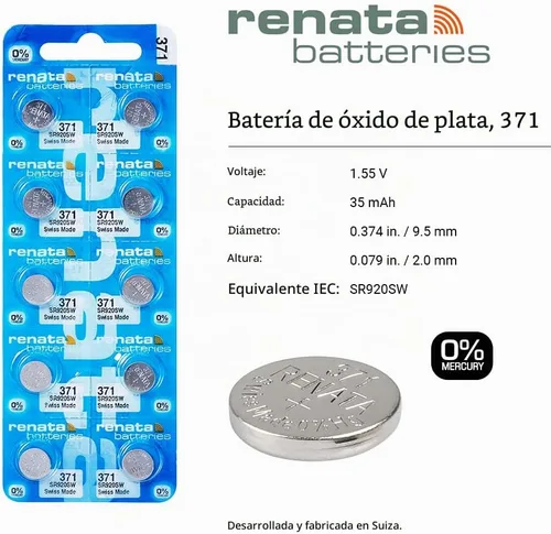 Vista 2 de Renata 371 SR920SW Baterías – 1.55 V Óxido de Plata 371 Batería de reloj (2 unidades)