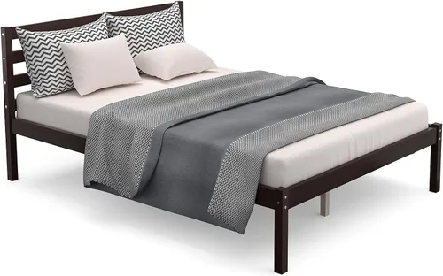 Vista 9 de Giantex Base de cama de plataforma de madera, cabecera con paneles, soporte de listones de madera, no necesita resortes, base de colchón de cama
