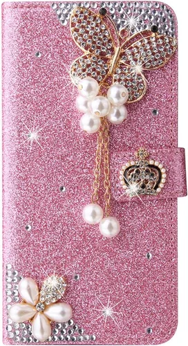 Vista 5 de XYX Funda tipo cartera para Samsung Galaxy A32 5G, Bling Glitter Crown Butterfly Diamond Flip Card Slot Luxury Girl Women Phone Cover - Negro