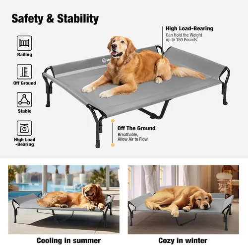 Vista 6 de Veehoo Cama elevada refrescante para perros, cuna elevada XL para mascotas con barandilla y reposacabezas inclinado, malla Teslin transpirable Gris