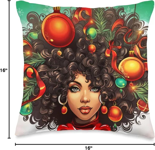 Vista 4 de Black women Christmas ornament melanin curly hair Melanin Christmas Queen Xmas Black Girl Magic Ornament - Almohada de 16 x 16 pulgadas, multicolor