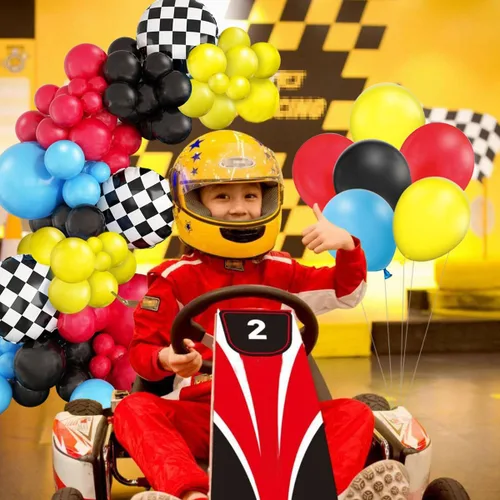Vista 5 de Kit de guirnalda de arco de globos de auto de carreras, globo de aluminio a cuadros rojo, amarillo, azul, negro, decoración de fiesta de cumpleaños