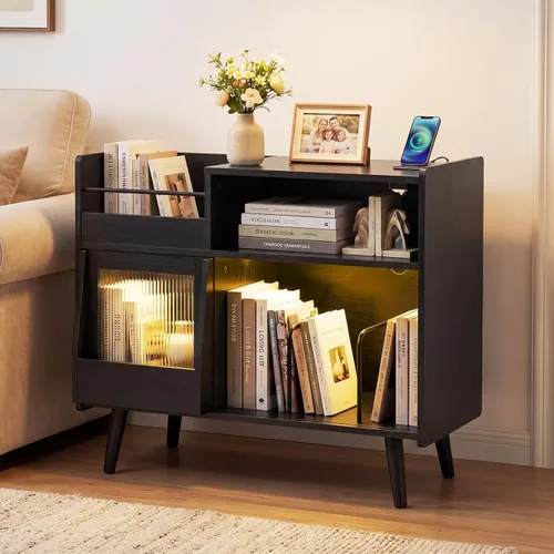 Vista 9 de Giantex Soporte grande para tocadiscos con luz LED, soporte para tocadiscos moderno de mediados de siglo con puerta deslizante, estación de carga