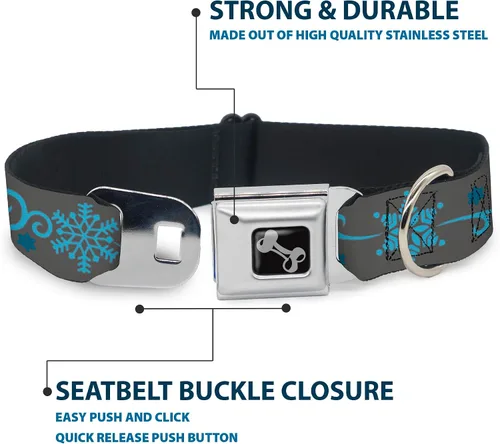 Vista 4 de Collar de perro hebilla para cinturón de seguridad, copos de nieve, gris, azul, 9 a 15 pulgadas, 1.0 pulgadas de ancho