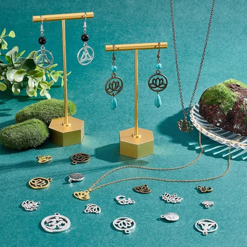 Vista 5 de SUNNYCLUE 1 caja 68 dijes de loto para yoga, flor de loto, dije hueco OM Yoga Chakra Energía Dijes planos redondos para hacer joyas, collares