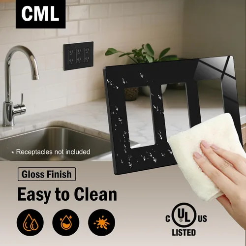 Vista 4 de CML - Placa de pared decorativa negra sin tornillos de 3 segmentos, paquete de 2 cubiertas de receptáculo de salida y placa de interruptor, cara