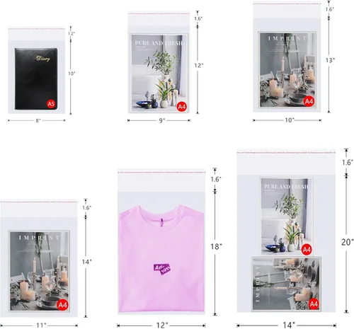 Vista 5 de Bolsas de celofán transparente de 18 x 24 pulgadas, 100 bolsas grandes de celofán autosellables, bolsa de plástico autoadhesiva para embalaje, ropa