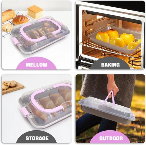 Vista 7 de Molde rectangular para pasteles con tapa, bandeja para hornear de 9 x 13 pulgadas con tapa y asa, antiadherente para hornear y asar y cocinar