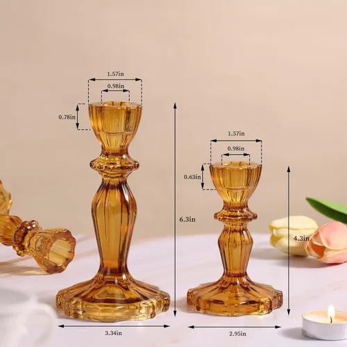 Vista 3 de Juego de 6 Portavelas de Ámbar, Portavelas para Velas Cónicas, 4.3" de Alto y 6.3" de Alto Portavelas de Vidrio para Candelabros y Velas de Pilar