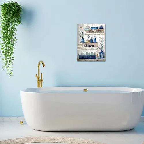 Vista 4 de BFKDKG Arte Decorativo de Pared para Baño Azul Marino Lienzo de Pared Decorativo para Baño Azul Rústico Por Favor Siéntate en Tu Propio Logo Pintura