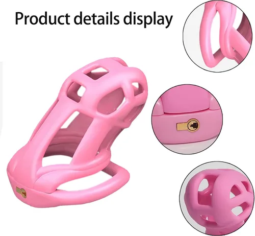 Vista 5 de Nueva jaula de castidad 3.0 dispositivo de castidad masculina con 4 anillos de resina, jaula de castidad rosa, jaula de castidad ligera para hombre