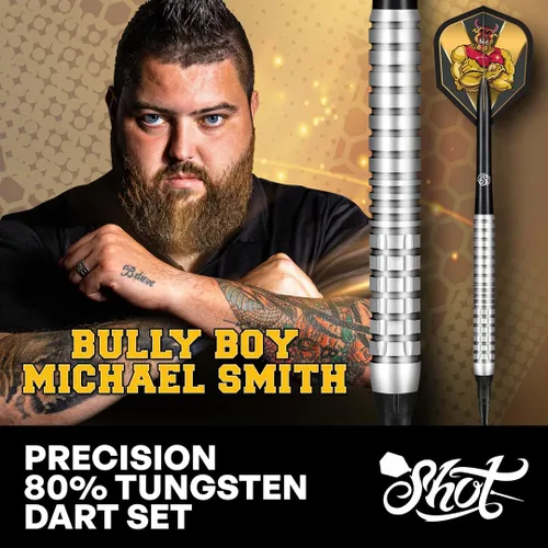 Vista 2 de Shot! Dardos de punta suave, Michael Smith Bully Boy Precision (0.63 oz/0.71 oz), barril 90% tungsteno, juego de dardos profesionales hechos a mano