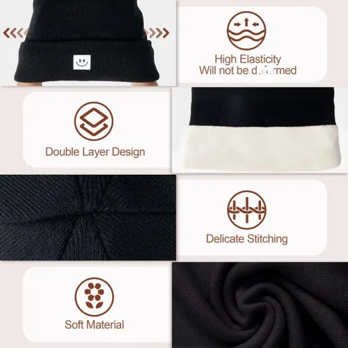 Vista 6 de Hispeka Gorro de punto con cara sonriente para mujeres y hombres, paquete de 3 gorros con puños para invierno, hombres, mujeres, adultos
