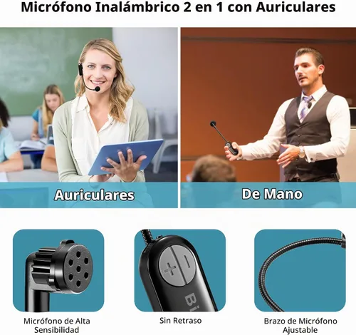 Vista 5 de Bietrun Auriculares inalámbricos con enchufe de 1/4 pulgadas, rango de 165 pies, micrófono inalámbrico UHF y micrófono de mano 2 en 1, para altavoz
