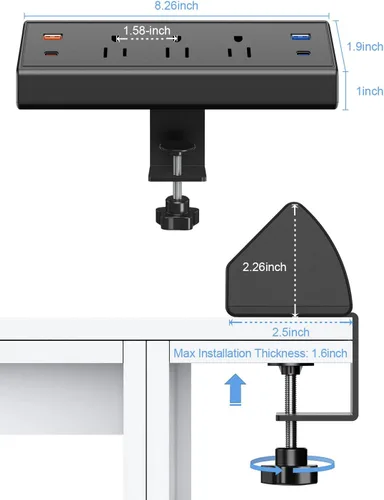 Vista 7 de Regleta de alimentación con abrazadera de escritorio con USB C, estación de carga rápida de 65 W para iPhone 14 Pro Max, iPad, MacBook Air, fuente