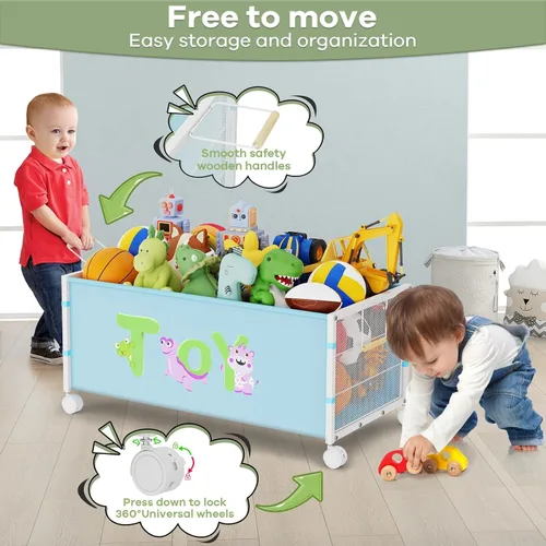 Vista 4 de Caja grande de juguetes para niños con ruedas, 120L Cajas de juguetes para niños extra grandes de metal y tela Oxford, cofre de juguetes organizador
