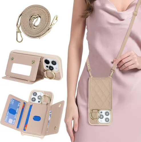Vista 26 de Funda para iPhone 14 con tarjetero y correa para mujer, cordón cruzado, espejo de maquillaje, soporte de anillo, cierre a presión, bonitas fundas