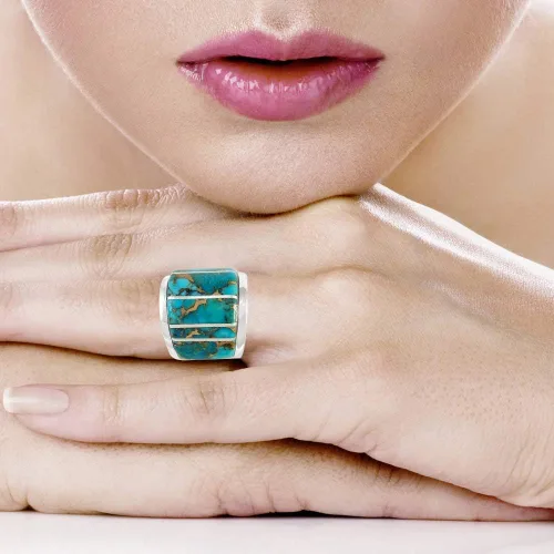 Vista 2 de Anillo de declaración ancha en plata de ley, turquesa auténtica y piedras preciosas (color seleccionado), Metal, multi