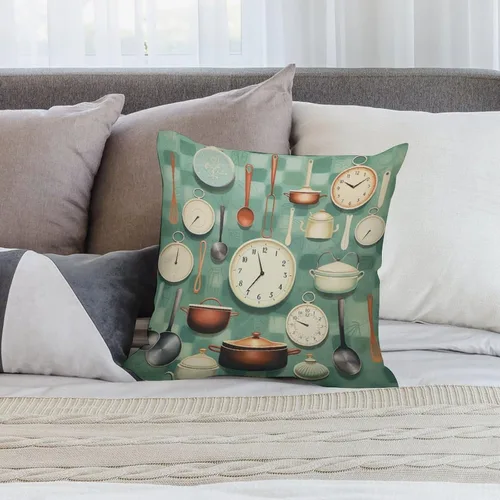 Vista 7 de Pots and Pans, Kitchen Clock and Cooking Art Velvet Square Decorative Throw Pillow Covers 12 "x12 Throw Pillow Covers for Outdoor Home Decor